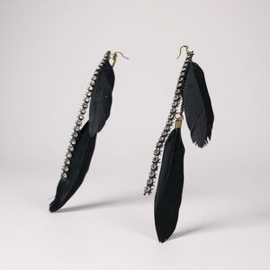 Black Feather and Rhinestone Earrings